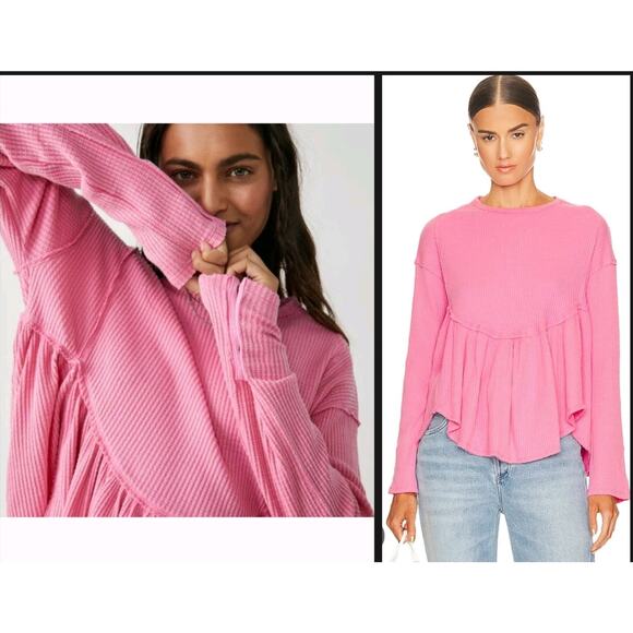 Free People Oh My Babydoll Cotton Waffle Weave Top Carnation Pink Boxy Large New - Picture 2 of 16